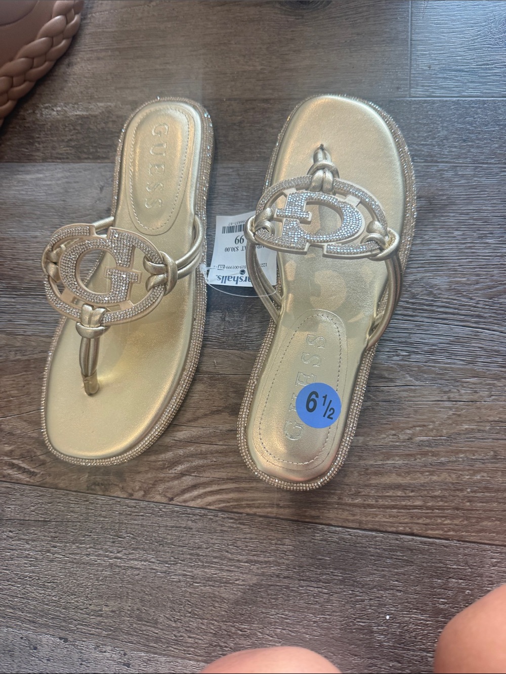 GUESS Metallic Gold Rhinestone Logo Thong Sandals